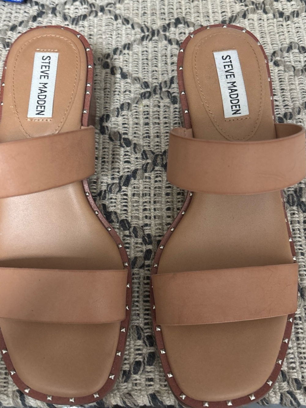 Steve Madden Tan Double-Strap Studded Slide Sandals